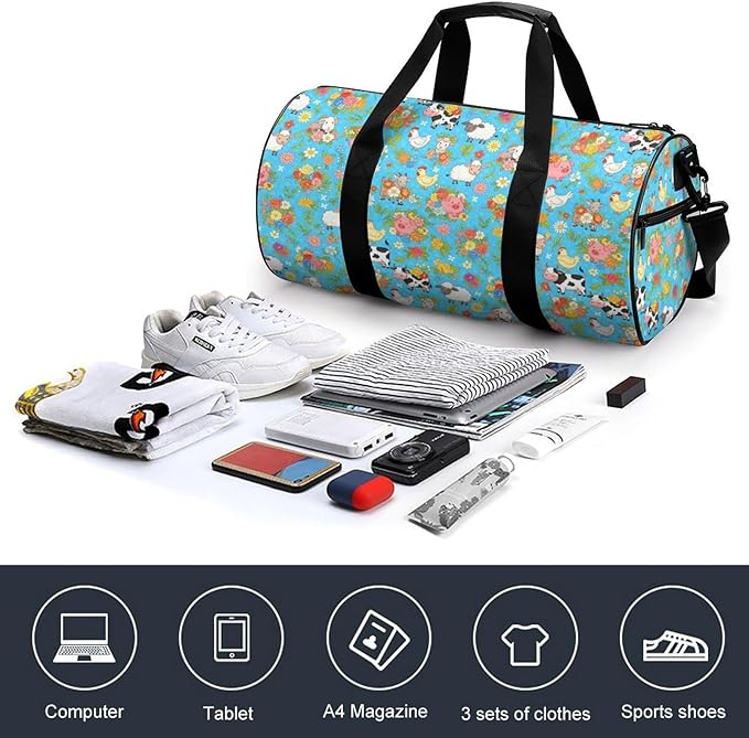 Foldable Gym Bag Farm Animals Cow Sheep Goat Chick Floral Lightweight Travel Sports Bag Carry On Weekender Overnight Bags Beach Yoga Bags