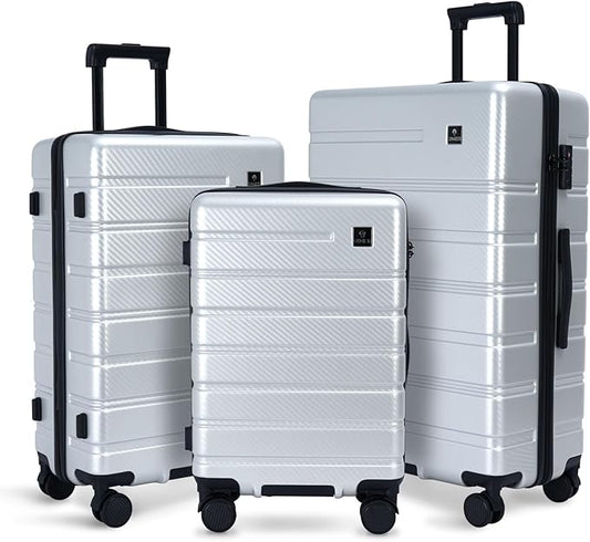 Luggage Sets 3 Piece, 100% PC Hardside Luggage with Spinner Wheel TSA LOCK Lightweight Quiet Suitable for Men and Women, Family Y01 Silver 20/24/28(Diagonal stripes)