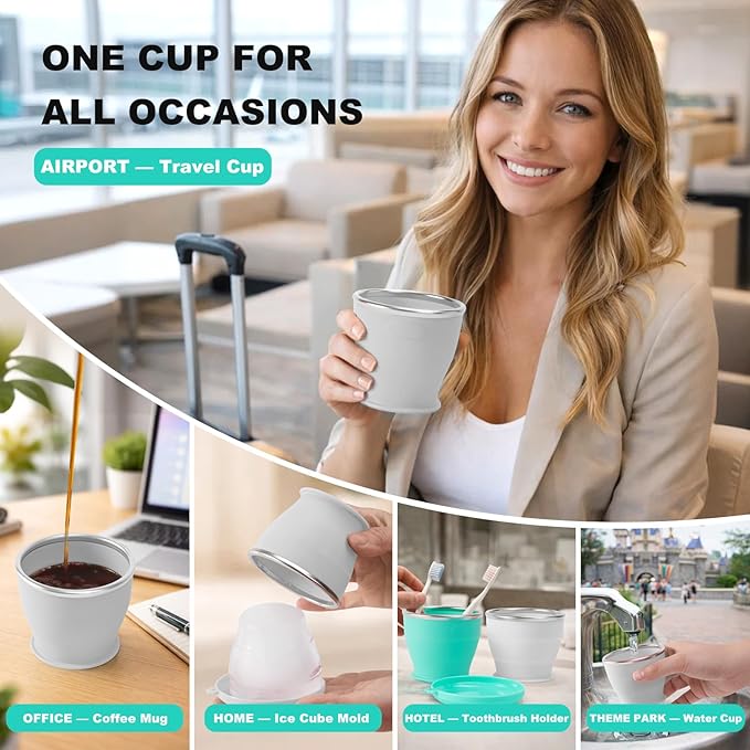 Collapsible Travel Cup, BPA-Free Reusable Water Cup, Lightweight Drinking Cups with Lids and Carrying Strap, Dishwasher Safe Silicone Cups for Camping, Travel, Airports, Hotel (6.7oz, Gray)