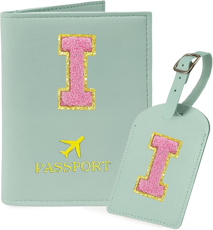 COSHAYSOO Initial Passport Cover Luggage Tag Set Letter Passport Holder Airplane Cruise Travel Essentials Vacation Traveling Accessories Personalized Gifts for Women Teen College Girls Teal I