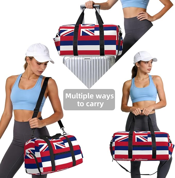 Hawaii Flag Print Gym Bag with Shoe Compartment for Women Men, 17.7in Sports Duffle Weekender Tote, Overnight Travel Duffel Bag Carry On