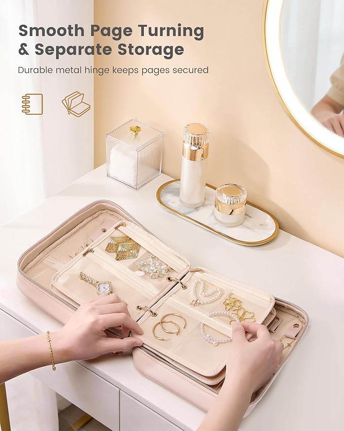 Lolalet Travel Jewelry Organizer Case, Large Jewelry Binder Book with Individual Pouches, Portable Leather Zippered Bag for Jewelry Storage of Earring, Ring & Necklace for Girls, Women -Apricotpink