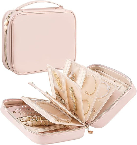 Lolalet Travel Jewelry Organizer Case, Large Jewelry Binder Book with Individual Pouches, Portable Leather Zippered Bag for Jewelry Storage of Earring, Ring & Necklace for Girls, Women -Apricotpink