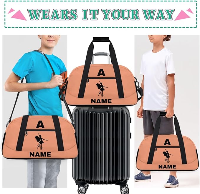 Personalize-Kids-Sports-Duffel-Bags With Custom Name Text Carry-On Overnight Travel Gym Lightweight Dance Pattern Sports Bags For Girls Boys Kids,Orange