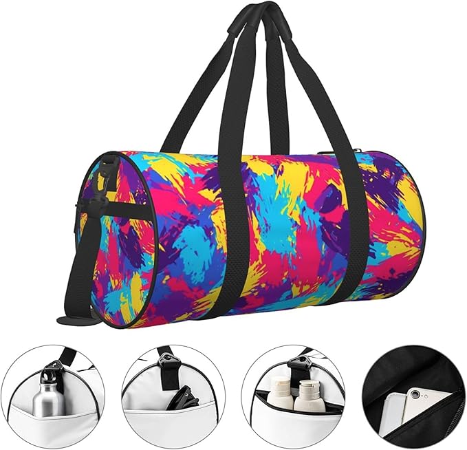 Small Gym Bag for Women, Waterproof Sports Workout Bags Travel Duffel Bag Carry on Weekender Bags Colorful Splatter Print for Dance Swimming, Yoga, Fitness