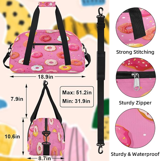 Travel Duffle Bag, Pink Donut Waterproof Weekender Overnight Bags for Women Men Lightweight Carry on Duffle Gym Bag for Travel, Sports, Fitness, Workout