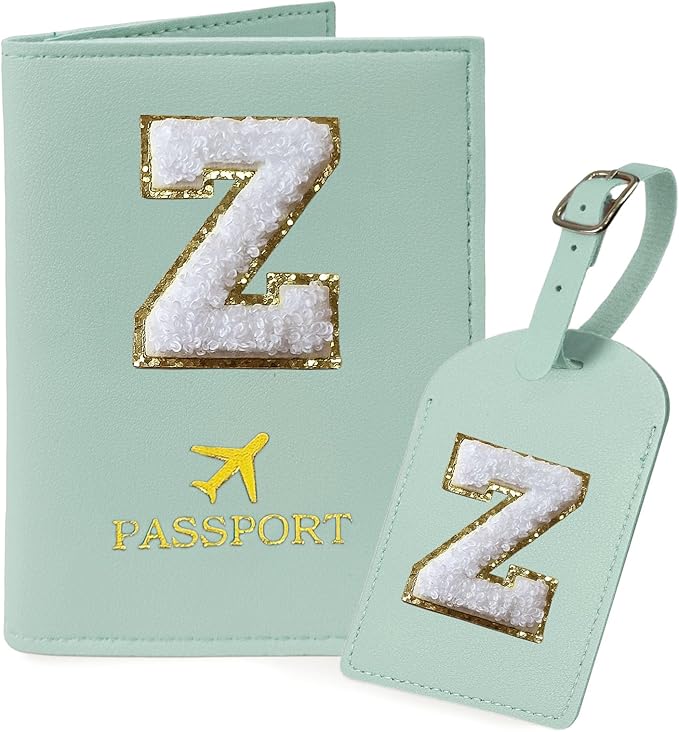 COSHAYSOO Green Passport Cover and Initial Luggage Tag Set TSA Approved with Preppy Chenille Letter Patch for Women Girl Teens, 2023 Trendy Travel Bag Backpack Suitcase Identifier Essential Gifts (Z)