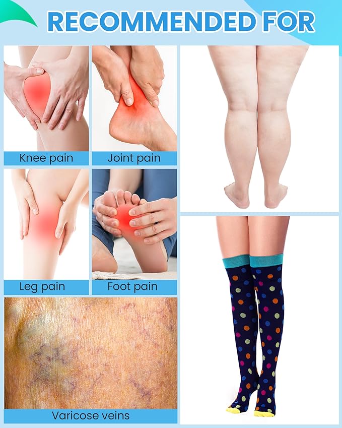 6 Pcs Large Size Thigh Compression Socks for Women Men 20-30 Mmhg Circulation Wide Calf Knee Support Stocking for Nurse, Running, Travel