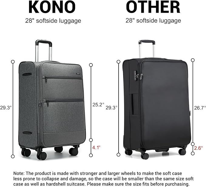 Kono 28 Inch Softside Expandable Checked Luggage with 8 Spinner Wheels TSA Lock Softshell Lightweight Business Travel Suitcase for Men and Women, Grey