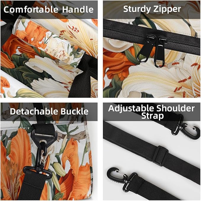 Travel Duffle Bag, Orange White Flowers Waterproof Weekender Overnight Bags for Women Men Lightweight Carry on Duffle Gym Bag for Travel, Sports, Fitness, Workout
