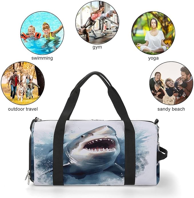 Shark in The Sea Gym Bag Lightweight ，Travel Duffle Bag with Shoe Compartment，Gym Bag for Women for Overnight, Weekend, Yoga, Gym, Business Trips, Sport And Hospital.
