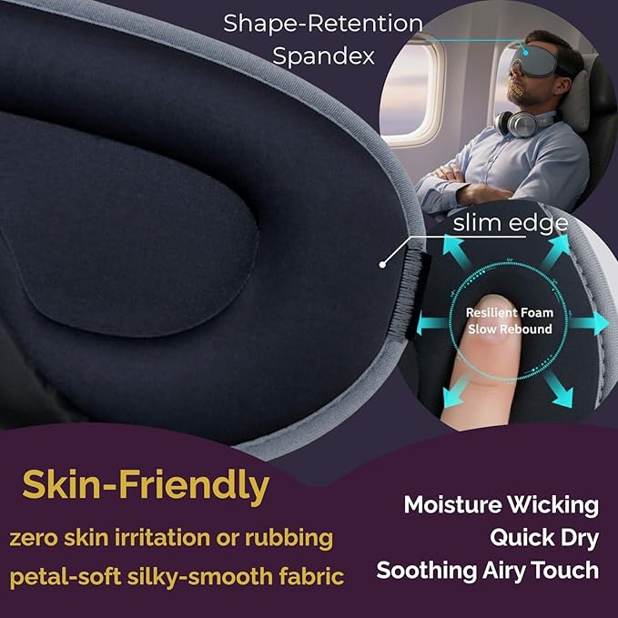 3D Contoured Eye Mask for Travel - 100% Blackout Sleep Mask for Men Women - Zero Eye Pressure Adjustable Eye Cover for Nap, Office & Meditation, Comfortable & Soft - Slate Gray