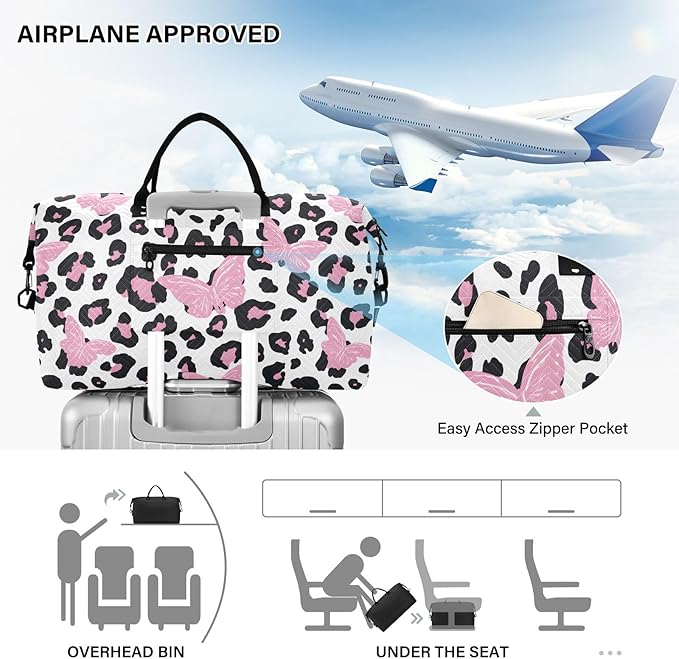 Travel Duffle Bag, Leopard Butterfly Gym Bag with Storage Bag Weekender Overnight Bag for Men Women Trip Sports Yoga