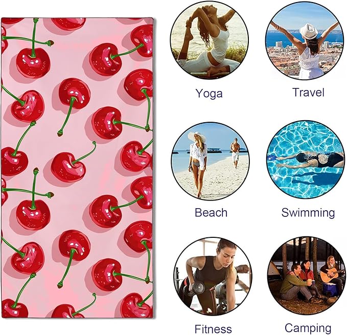Cherry Pattern Beach Towel Extra Large 36" x 72", Thin Lightweight Microfiber Towels with Fruit Design, Sand Free and Quick Dry, Compact Bag