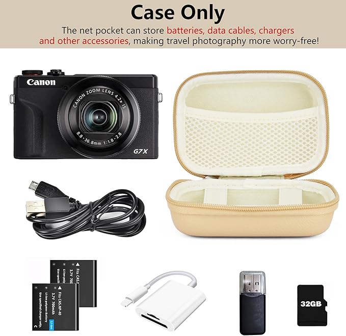 Digital Camera Case Compatible with Canon Powershot G7X Mark II & III/ SX740/ Sony ZV-1/ RX100 VII, Compact Travel Point & Shoot 4K Vlog Cameras Storage Holder with Lanyard (Khaki)