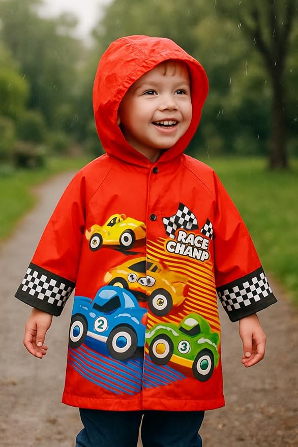 Puddle Play Kids Waterproof Hooded Rain Slicker – Lightweight Outwear Jacket in Fun Designs, Sizes 2-9 Years