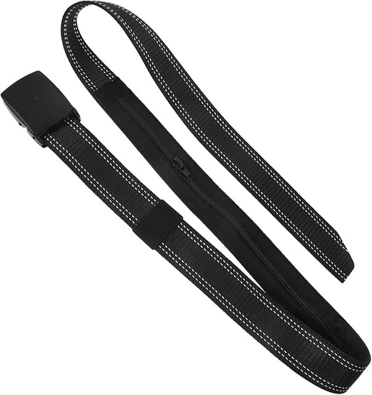 Hidden Money Belt for Men with Alloy Buckle, Anti-theft Travel Waist Belt, Black Matte Leather Texture, Secure Zipper Pocket for Safe Money Storage