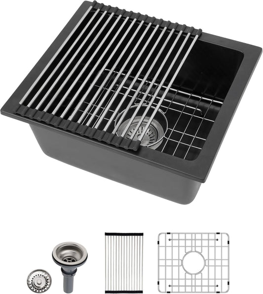 Dcolora 18 Inch Quartz Composite Black Wet Bar Sink Undermount Small Prep Granite Composite Kitchen Sink RV Single Bowl Under Counter, 18"x 16", DC-GU7746