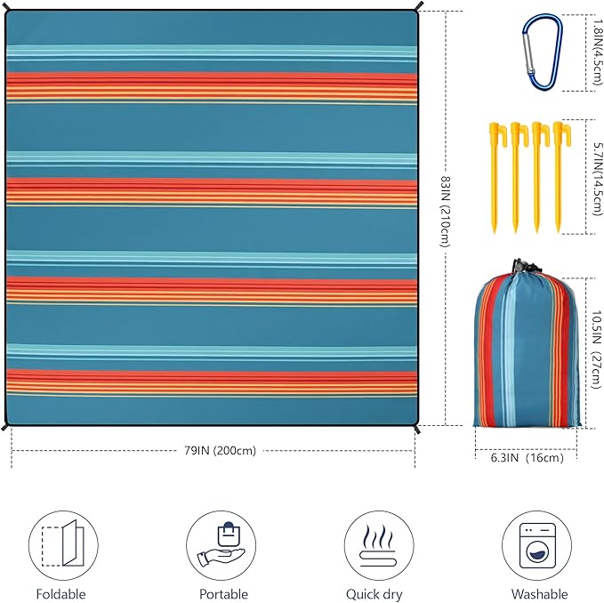 Beach Blanket Waterproof Sandproof Beach Mat 79" X 83"/10'x9'for 2-8 Adults Quick Drying Outdoor Picnic Mat Beach Accessories for Travel, Camping, Hiking