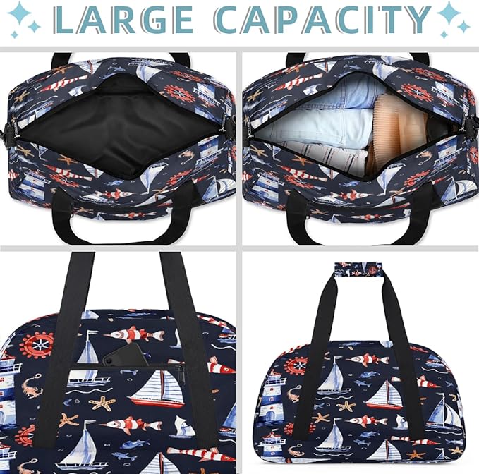 Gym Bag for Women Men, Blue White Nautical Sailboat Lighthouse Travel Duffle Bags for Dance Ballet Overnight, Carry-On Weekender Bag with Detachable Shoulder Strap