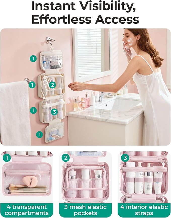 BAGSMART Travel Toiletry Bag for women, Portable Hanging Hook Makeup Bag Organizer, Waterproof Makeup Cosmetic Bag, for Full-Size Accessories, Toiletries, Pink