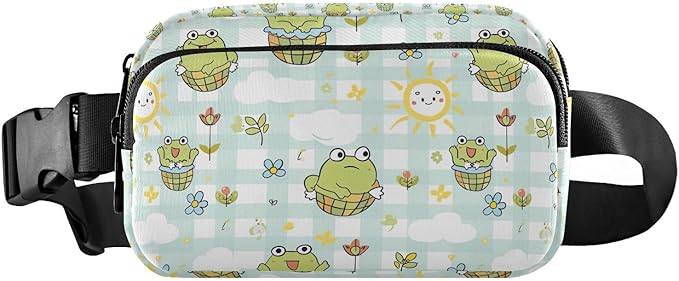 Kawaii Frog Flower Plaid Fanny Pack for Women Men Water Resistant Fashion Waist Packs with Adjustable Strap Belt Bag for Travel Workout Jogging Hiking 21219491