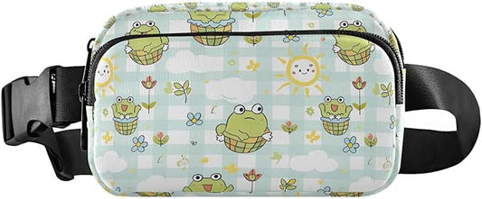 Kawaii Frog Flower Plaid Fanny Pack for Women Men Water Resistant Fashion Waist Packs with Adjustable Strap Belt Bag for Travel Workout Jogging Hiking 21219491