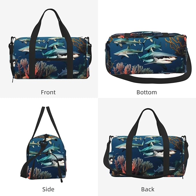 Sharks under the sea Print Gym Bag with Shoe Compartment for Women Men, 17.7in Sports Duffle Weekender Tote, Overnight Travel Duffel Bag Carry On