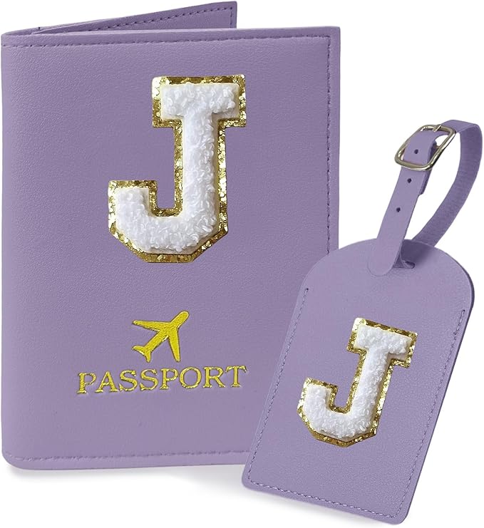 COSHAYSOO Purple Initial Passport Cover Holder and Luggage Tag Set TSA Approved with Chenille Letter Patch ABC for Women Teenage Girls, Travel Essentials Must Have Stuff Bag Suitcase Identifier (J)