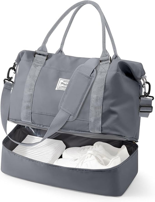 Travel Duffel Bag, 18x14x8 Inches Travel Bag Spirit with Shoes Compartment, Weekender Overnight Bag for Women with Trolley Sleeve, Carry On Bag for Airplanes Sport Tote Gym Bag SlateGrey