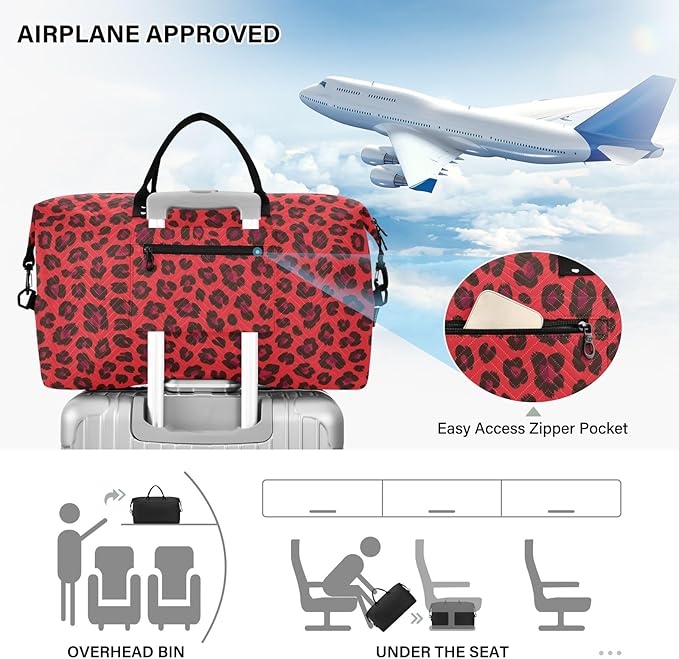 Travel Duffle Bag, Red Leopard Print Cheetah Gym Bag with Storage Bag Weekender Overnight Bag for Men Women Trip Sports Yoga