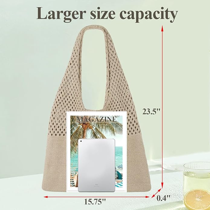 Beach Tote Bag for Women, Crochet Boho Aesthetic Mesh Shoulder Summer Vacation