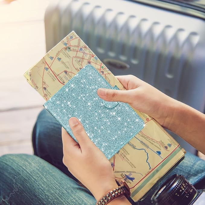 HOTCOOL Passport Holder Travel Essentials Airplane & Cruise Essentials Ship Leather Wallet Cover Case RFID Blocking Women & Men Vacation Travel Accessories Gifts Deals, Glitter - Blue
