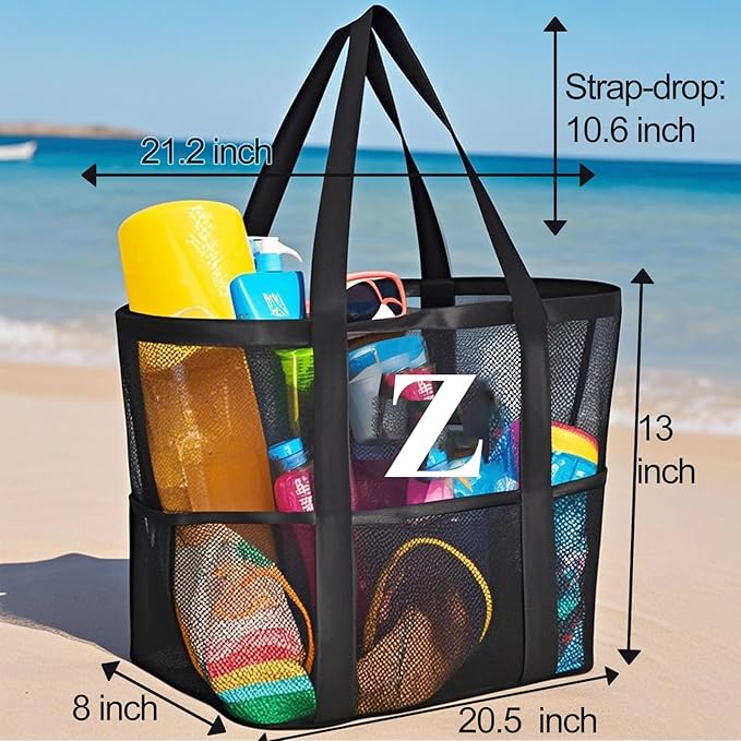 Personalized Mesh Beach Bag for Women - Waterproof Initial Tote Bag for Family Travel, Toys, Vacation Essentials