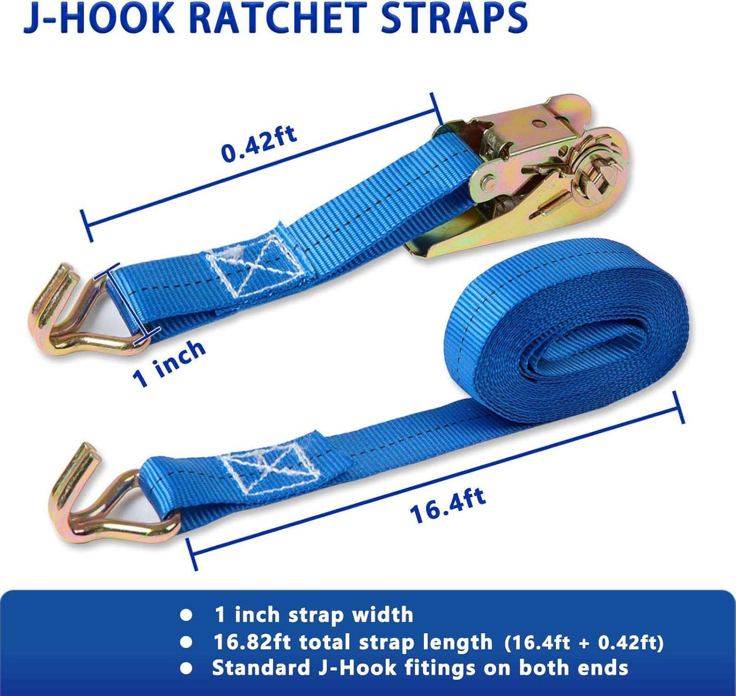 Ratchet Straps (4-Pack), 1 Inch x 16.4 Feet (2200lb Break Strength) with Sturdy Metal Hooks, 1x Work Gloves, Heavy Duty Tie Down Straps for Truck, Cargo Trailer, Motorcycle, Luggage, Moving (Blue)
