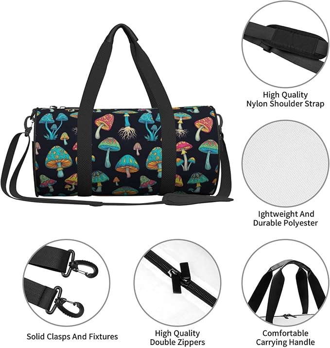 Gym Bags for Men Women, Foldable Travel Duffle Bag Colorful Neon Mushrooms, Lightweight Weekender Water Resistant Workout Sports Bag for Travel Yoga