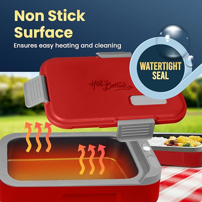 Hot Bento PLUS Self Heated Lunch Box and Food Warmer Removeable Battery Powered, Portable, Cordless, Hot Meals for Office, Travel, Jobsite, Picnics, Outdoor Recreation, Kitchen Meal Prep (Ruby)