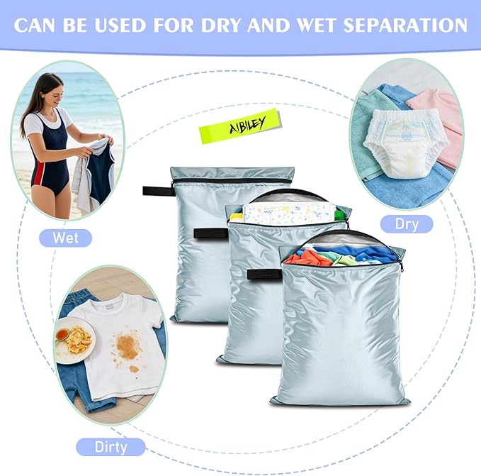 Wet Dry Bags 3 Pack,12x16 Inch Waterproof Reusable Wet Bag For Baby Diapers Swimsuit Wet Clothes Travel Beach Pool Gym,Durable Polyester Fabric,Waterproof Seal Strip Inside,Handle and Zipper,Blue