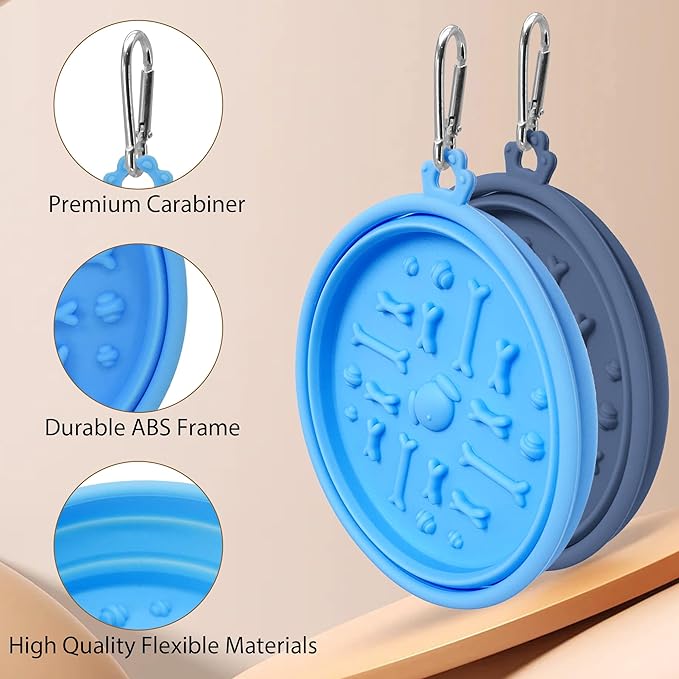 2-Pack Collapsible Dog Bowls with Suction Cups & Scraper - 16oz Travel Pet Bowls for Food/Water, Non-Slip Feeding Dish for Dogs, Includes Carabiner Clip Blue&Grey
