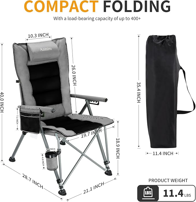Folding Camping Chair with Cup Holder and Storage Bag, Heavy Duty Support 400 LBS, Oversized Collapsible Portable Adjustable Back Support Camping Chair for Outdoor (Adjustable-Grey)