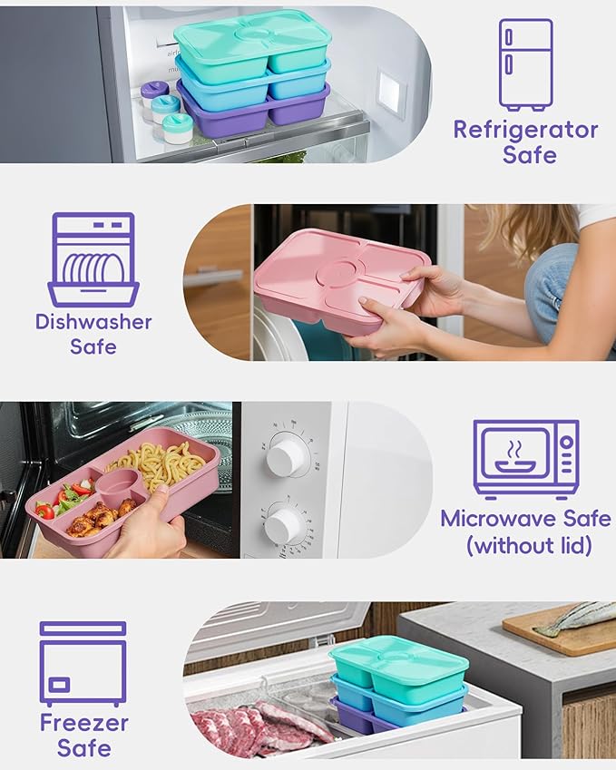 4 Pcs Bento Snack Box Containers, 4 Compartment Divided Stackable Food Storage Containers with Lids, Meal Prep Lunch Container with Sauce Cups