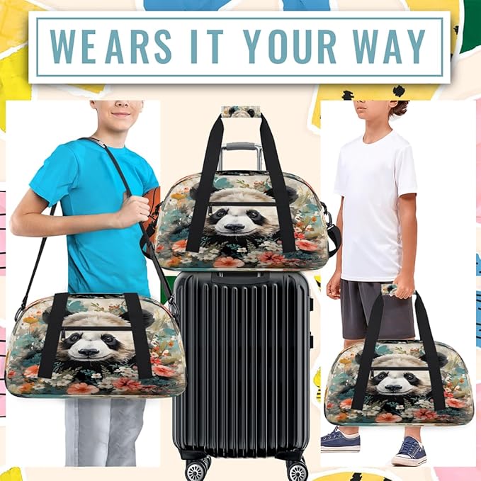 Gym Bag for Women Men, Panda Flower Art Travel Duffle Bags for Dance Ballet Overnight, Carry-On Weekender Bag with Detachable Shoulder Strap