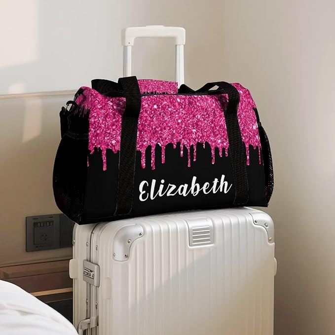 Personalized Name Travel Bag Sports Player Duffel Bags Pink Fuchsia Sequin Glitter Print Perform Training Bag for Men Women Adjustable Shoulder Strap