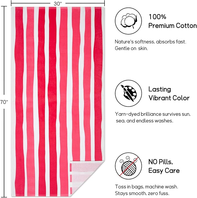 cabanana Large Beach Towel Oversized - Cotton Velour 35 x 70 Inch Pink Striped Terry Pool Towel, Cabana Soft Swimming Towel for Adults Women Men (Pink)