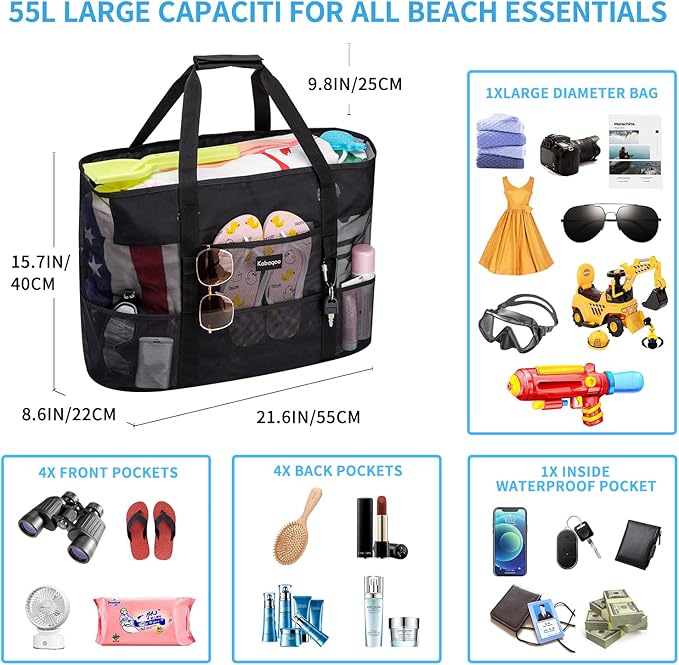 KABAQOO Mesh Beach Bag, Extra Large Beach Bags with 9 Pockets & Zipper Waterproof Lightweight Beach Tote for Beach/Pool Trip | Extra Large, 9 Pockets, Zipper, Waterproof, Lightweight, Beach/Pool Trip