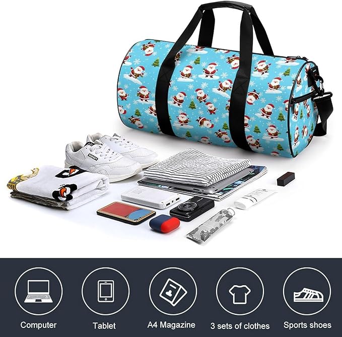 Gym Sports Travel Workout Bag Christmas Santa Claus Blue Dance Gymnastics Bag Lightweight Carry On Bags Foldable Overnight Bags