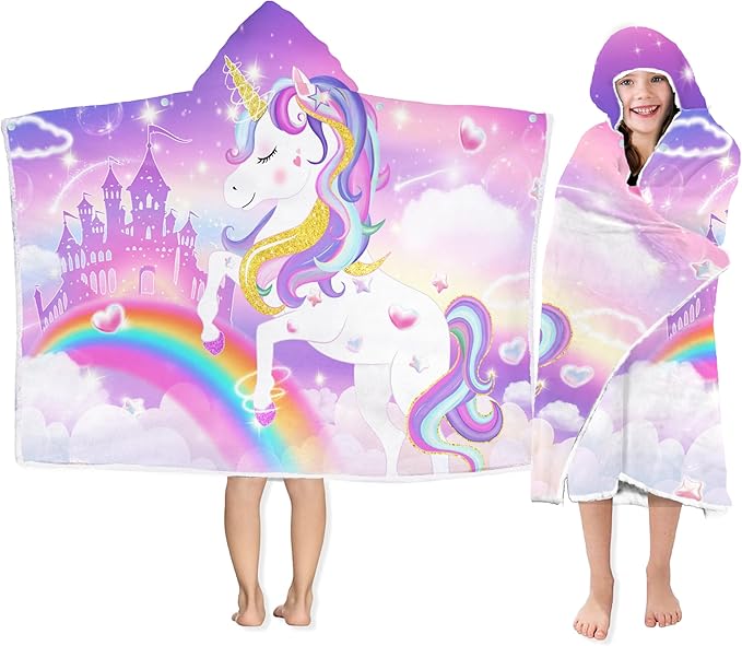 Unicorn Hooded Beach Towel, Unicorn Kids Hooded Poncho Towel for Girls, Cute Cartoon Soft Absorbent Bath Towels Pink with Hood for Kids Toddler 30”x50”, Bathrobe with Hood for Swin Pool Bath