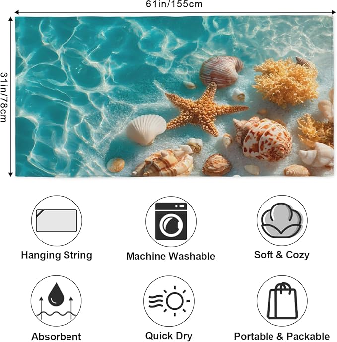 Summer Seashells Sea Beach Towel, Large Microfiber Quick Dry Lightweight Pool Bath Towels Sand Free Beach Blanket for Summer Cruise Yoga Camping Travel Vacation Essentials 31 x 61 in