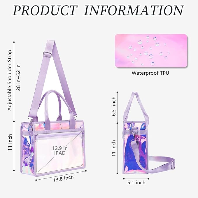 Iridescent Clear Beach Bag for Women, Large Pool Tote Cruise Vacation Essentials - Waterproof, Zipper Closure