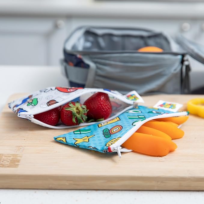 Bumkins Nintendo Reusable Snack Bags, for Kids School Lunch and for Adults Portion, Washable Fabric, Waterproof Cloth Zip Bag, Supplies Travel Pouch, Food-Safe, 2-pk Super Mario